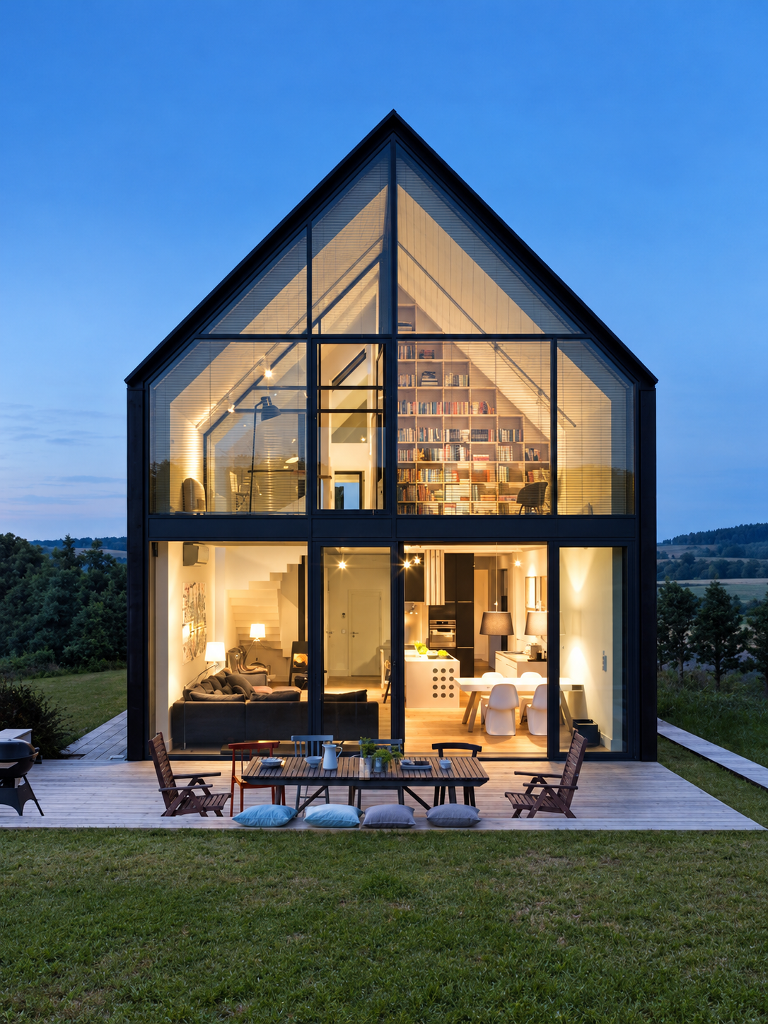 Two-storey house with a glazed gable facade at dusk Two-storey house with a glazed gable facade at dusk