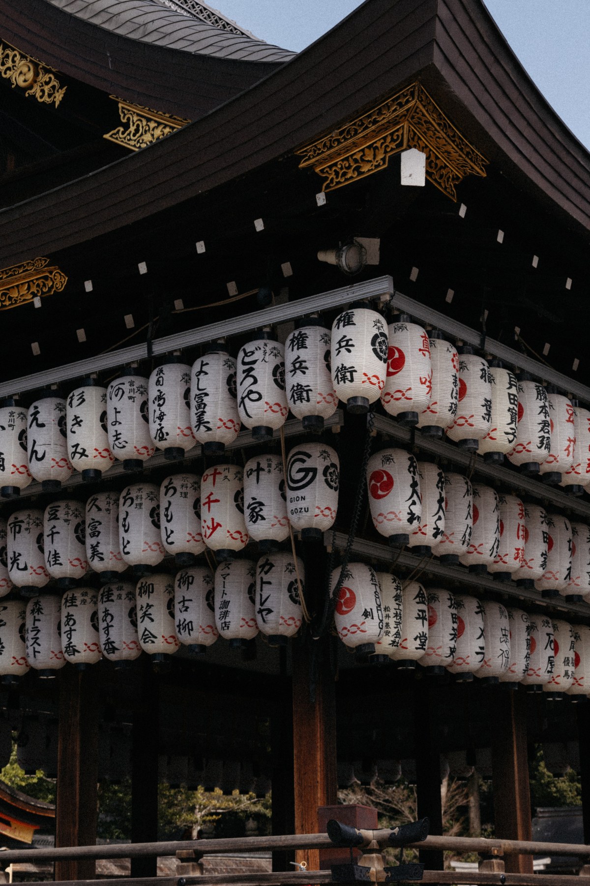 Japanese temple facade with rows of paper lanterns Japanese temple facade with rows of paper lanterns